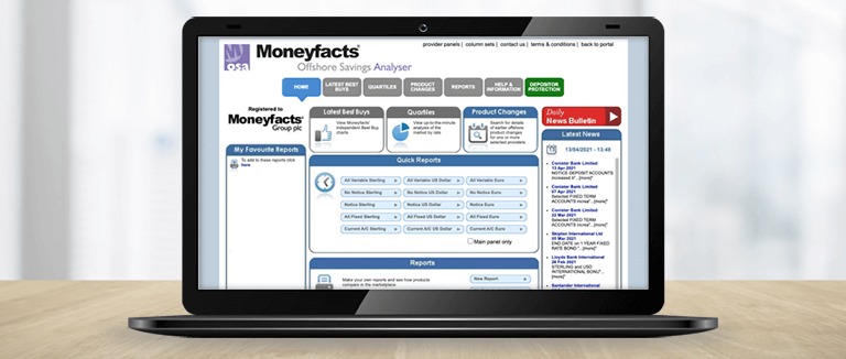 Banner Image of Moneyfacts Offshore Savings Analyser on Laptop Screen