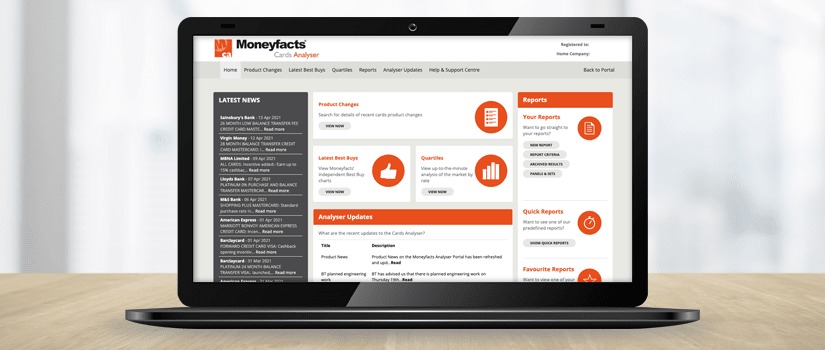 Banner Image of Moneyfacts Cards Analyser on Laptop Screen