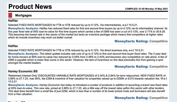 Screen Image of the Moneyfacts Daily News Bulletin Product News Page