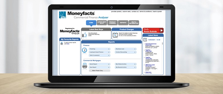 Banner Image of Moneyfacts Commercial Finance Analyser on Laptop Screen