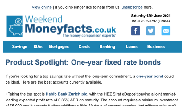 Screen Image of Weekend Moneyfacts Newsletter