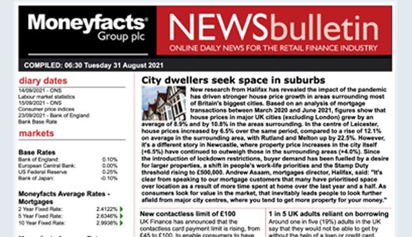 Screen Image of the Moneyfacts Daily News Bulletin Front Page