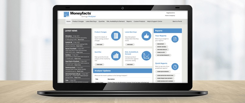 Banner Image of Moneyfacts Savings Analyser on Laptop Screen
